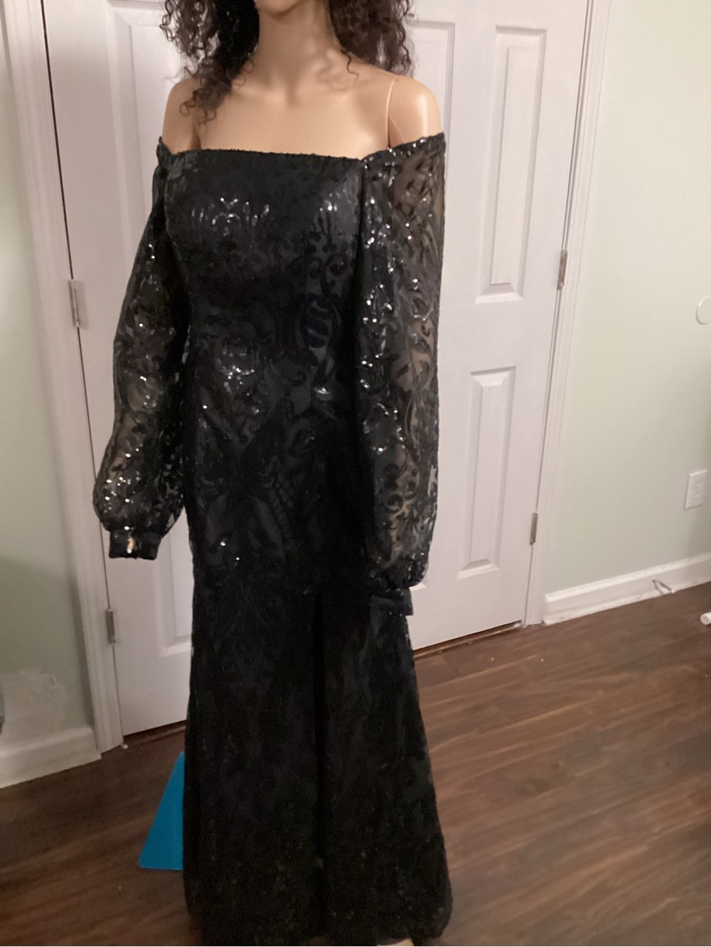 Black Off-Shoulder Sequin Lace Evening Gown